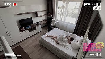 Guy fucks sleepy chick on big bed on hidden cam